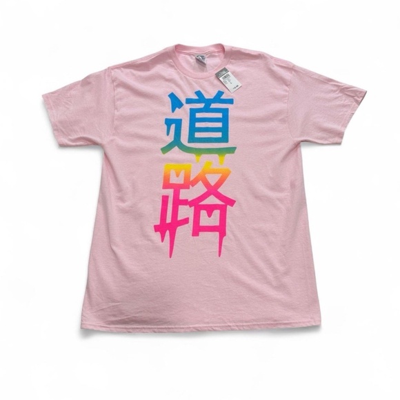NWT Japanese Letters in Rainbow Colors Shirt L Pink Typography Writing Tee - Picture 1 of 6